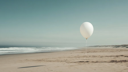 A tranquil beach image featuring a solitary white balloon against a calm ocean and clear sky, capturing a moment of peace and solitude in nature.の素材