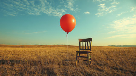 A solitary wooden chair sits in a golden grassy field, supporting a vibrant red balloon against a stunning blue sky. The image captures a serene, dreamy atmosphere.の素材