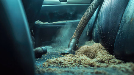 A close-up view of a car interior during cleaning, showcasing sand and dust scattered on the upholstery and floor mats, highlighting a need for maintenance.の素材