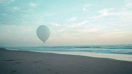 A solitary white balloon stands on a quiet beach, surrounded by gentle waves and a pastel sky, evoking feelings of peace and solitude. The scene captures the beauty of nature and the simplicity of life.の素材