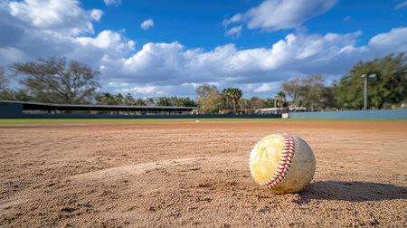 A lone baseball rests on the infield dirt, surrounded by a vibrant landscape under a bright blue sky, capturing the essence of outdoor sports and summer joy.の素材