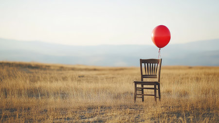 A solitary wooden chair stands in a wide-open field, with a vibrant red balloon tethered to it, creating a striking contrast against the serene landscape.の素材