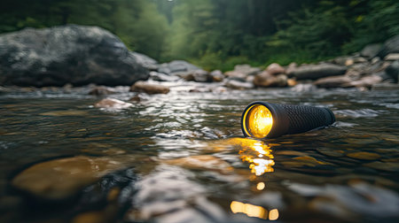 A serene scene captures a flashlight lying in a gentle stream, illuminating the water's surface. The surrounding rocks and greenery enhance the natural beauty of this tranquil environment, inviting exploration and adventure.の素材