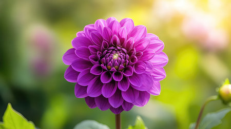 A breathtaking close-up view of a purple dahlia flower displaying its intricate petal structure, capturing the essence of nature's beauty in soft sunlight.の素材