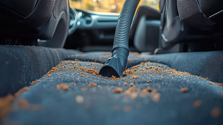 A vacuum hose rests on a dirty car carpet full of debris and dust, capturing the need for routine cleaning in vehicle maintenance practices.の素材