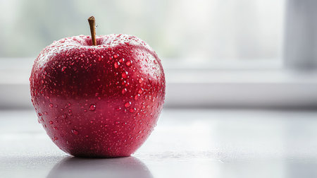 A vibrant red apple adorned with glistening water droplets sits elegantly against a soft background, embodying the essence of freshness and health.の素材