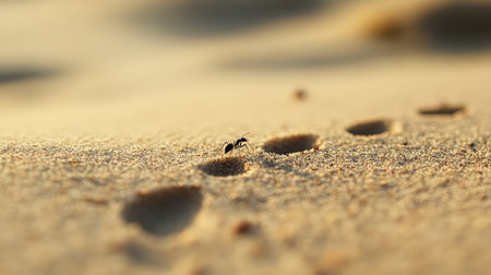 A close-up of an ant walking on sand, leaving distinct footprints in a sunlit desert setting, capturing the delicate balance of nature's ecosystem.の素材