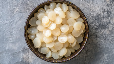 This image showcases a bowl filled with fresh sliced white fruit, elegantly arranged on a rustic surface, capturing natural light to highlight its delicious texture.の素材