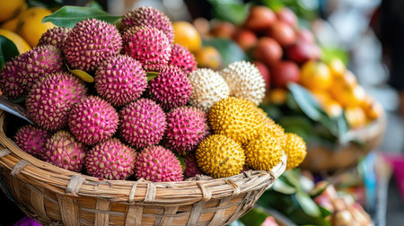 This image showcases a beautiful assortment of exotic fruits arranged in a woven basket, highlighting their vibrant colors and unique textures. Perfect for food-related content.の素材