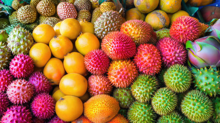 A vibrant assortment of exotic fruits fills the display at a local market, showcasing diverse colors and textures, enticing shoppers with their freshness and unique appeal.の素材
