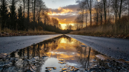 A stunning view of a wet asphalt road reflecting a vibrant sunset. Surrounded by trees and grass, this tranquil scene encapsulates the beauty of nature at dusk.の素材