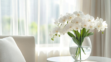 This stunning image showcases an elegant white orchid arrangement in a glass vase on a modern table. Soft natural light enhances the serene atmosphere, making it perfect for interior decor inspiration.の素材