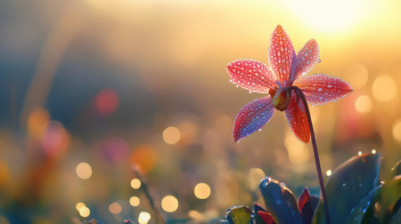 A stunning closeup of a pink flower adorned with dew drops, illuminated by morning sunlight. This image captures the essence of nature's beauty and renewal.の素材