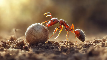 A close-up view of a red ant diligently carrying a small stone through the rich soil of a forest. This captivating image highlights the intricate details of insect life and showcases the ant's tireless determination in its natural habitat.の素材