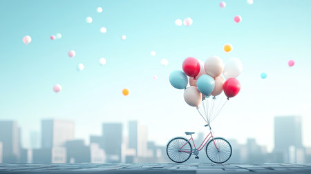 This vibrant image showcases a bicycle adorned with colorful balloons floating gently against a serene blue sky. The blurred cityscape adds depth, evoking feelings of joy and adventure in a cheerful outdoor setting.の素材