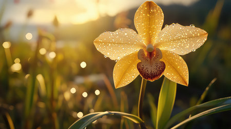 This captivating image features a beautiful golden orchid with dew drops at sunrise, surrounded by soft bokeh, evoking tranquility and nature's elegance.の素材