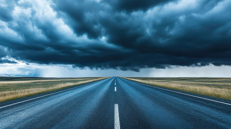 A striking view of a long, empty road stretching ahead under a canopy of dark storm clouds. The landscape showcases a vast open field, creating a sense of adventure and tranquility.の素材