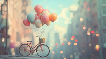 A charming scene featuring a vintage bicycle with vibrant balloons, creating a playful and dreamy atmosphere in an urban setting.の素材
