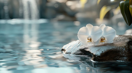 A pair of elegant white orchids rests gently on a smooth stone, creating a serene atmosphere by a tranquil water feature, enhancing relaxation and beauty.の素材