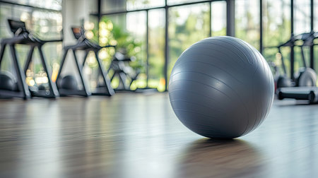 A gray exercise ball rests on a polished wooden floor within a contemporary fitness studio. Large windows illuminate the space, showcasing gym equipment.の素材