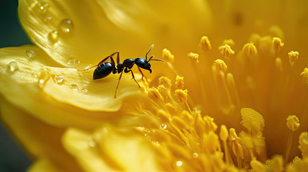 This stunning close-up image showcases a black ant perched on a bright yellow flower, surrounded by glistening dewdrops. The intricate details of the stamen and petals highlight the beauty of nature.の素材
