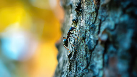 A vivid close-up shot of an ant climbing on tree bark, showcasing intricate details against a beautifully blurred autumn background of yellow and orange hues.の素材