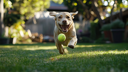 A joyful Labrador retriever dog races through the lush green garden, mouth wide open in excitement as it chases a bright yellow tennis ball on a sunny day.の素材