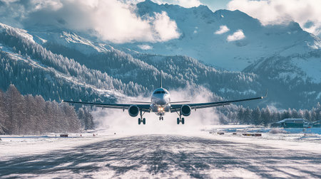 An airplane approaches a snow-covered runway surrounded by stunning mountain scenery during a clear winter day. This captivating scene highlights aviation and winter weather.の素材