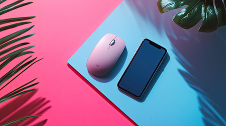 A vibrant workspace setup featuring a pink mouse and a smartphone on a colorful surface. The image highlights minimalism and modern design aesthetics, perfect for digital lifestyle themes.の素材