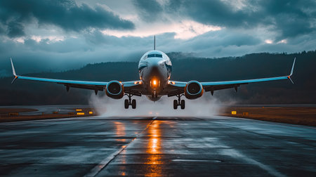 A stunning shot of an aircraft taking off with dramatic clouds overhead, showcasing the beauty of air travel as it ascends from a wet runway.の素材