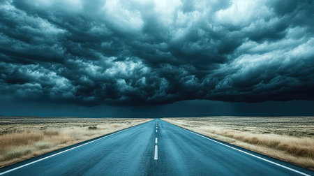An expansive road stretches into the distance beneath a sky filled with dark, swirling clouds, creating a dramatic and tense atmosphere in a rural setting.の素材