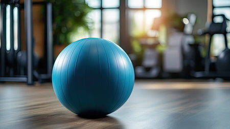 A vibrant exercise ball sits in a modern gym bathed in soft natural light. The scene emphasizes wellness and fitness, perfect for inspirational content.の素材