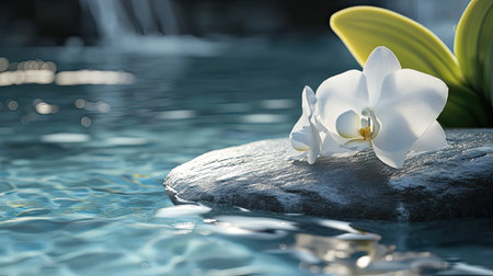 A beautiful white orchid elegantly rests on a smooth stone in tranquil blue water, creating a serene and peaceful atmosphere ideal for relaxation and wellness.の素材