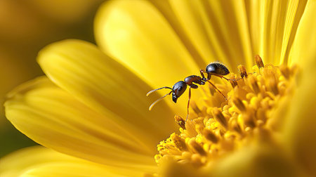 A close-up view showcases an ant exploring the vibrant yellow petals of a flower. This image captures the detail and beauty of nature, perfect for themes of ecology and wildlife.の素材