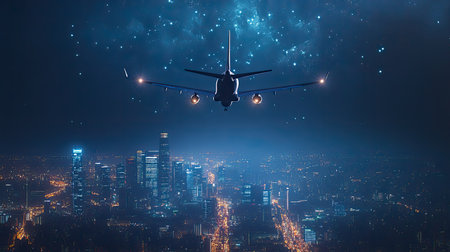 An airplane gracefully glides above a vibrant city skyline at night, surrounded by sparkling stars and dramatic clouds, symbolizing travel and adventure.の素材