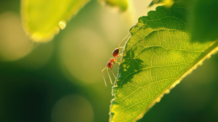 A striking close-up image showcasing an ant perched on a green leaf, illuminated by soft sunlight. The blurred background adds a serene atmosphere to the scene, revealing the intricacy of nature.の素材