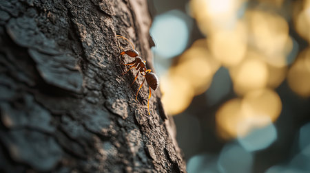 This close-up image features an ant climbing a textured tree bark against a backdrop of soft, blurred bokeh lights, capturing the essence of nature's beauty.の素材