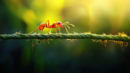 A stunning close-up photograph capturing an ant walking on a green rope, beautifully illuminated by soft golden hour light in the background.の素材