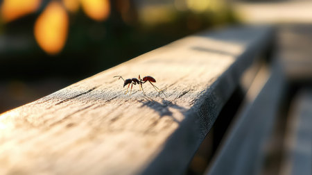 This close-up photograph captures a single ant crawling on a weathered wooden surface, illuminated by warm sunlight, creating a serene and captivating scene.の素材