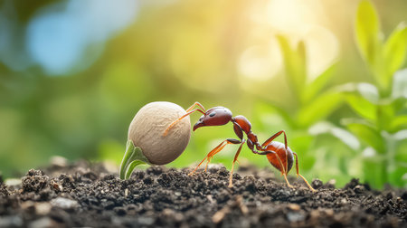 A detailed close-up of an ant pushing a seed in rich soil, capturing the essence of nature's teamwork and growth under warm sunlight.の素材