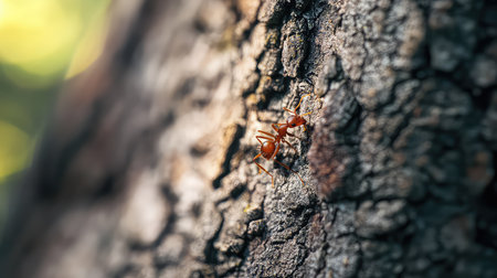 An intricate close-up of an ant navigating the rough surface of tree bark, showcasing nature's beauty with soft blurred backgrounds and natural lighting effects.の素材
