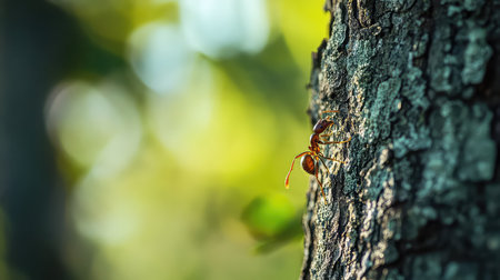 This captivating close-up image showcases an ant climbing on textured tree bark, set against a softly blurred green background, highlighting natural beauty.の素材