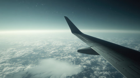 Stunning aerial view showcasing an airplane wing gliding over fluffy clouds against a clear sky, perfect for travel and aviation themes.の素材
