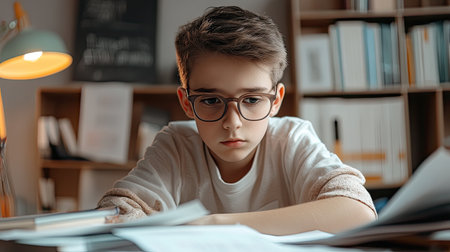 A thoughtful young student is deeply engaged in study, showcasing concentration while surrounded by educational materials in a warm and inviting space.の素材