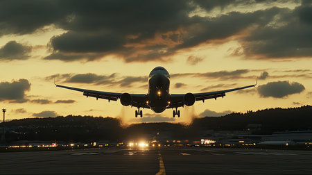 An airplane lifts off the runway during a breathtaking sunset, casting silhouettes against dramatic clouds and a warm sky, capturing the essence of travel.の素材