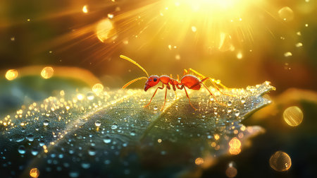 A stunning close-up image captures a vibrant ant on a leaf, adorned with glistening water droplets, illuminated by bright sunlight.の素材