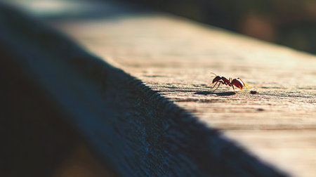 A captivating macro shot capturing a lone ant walking on a wooden surface, showcasing intricate details and the beauty of nature in soft sunlight.の素材