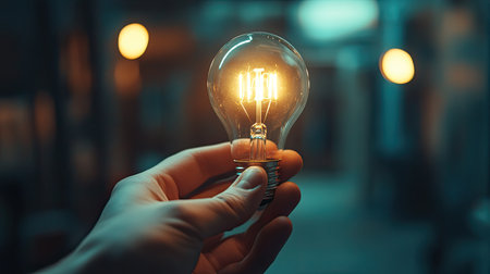 A captivating image featuring a hand gripping a glowing incandescent light bulb, highlighting its intricate filaments against a moody, softly lit background.の素材