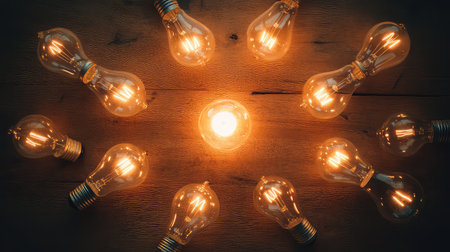 A captivating arrangement of vintage light bulbs encircles a glowing candle, set against a rustic wooden background, perfect for evoking warmth and creativity.の素材