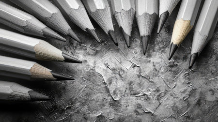 A captivating arrangement of gray and black pencils rests on a textured metallic surface, creating a perfect visual for artistic and creative projects.の素材